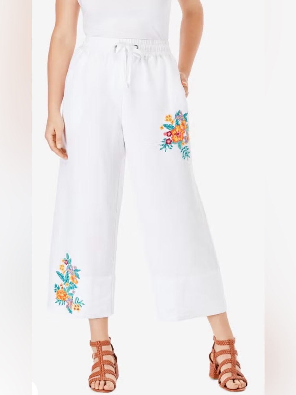 Roaman’s Linen Wide-Leg Crop Pant Tropical Bouquet Embroidery Size 32W